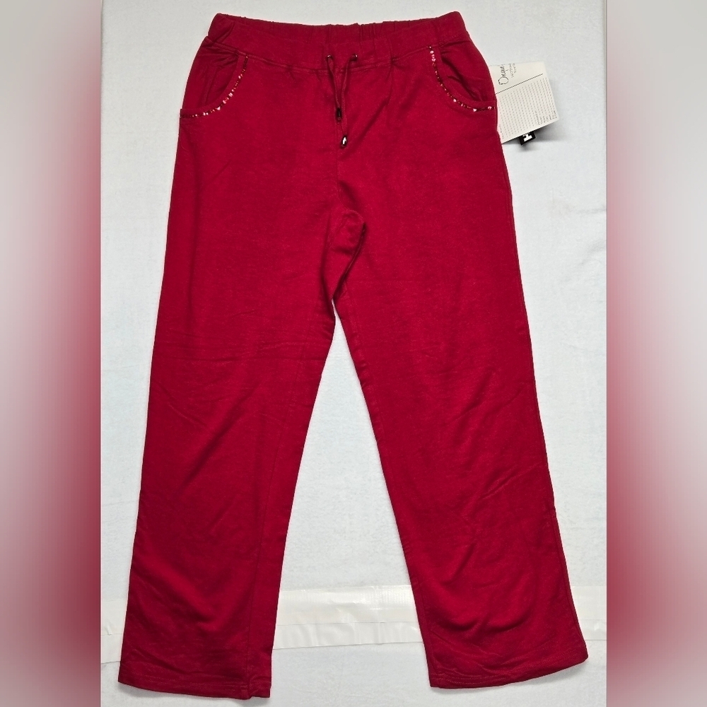 Onque Petite Stretch Pants PL Red Pull On Sequins Pockets Sporty Casual